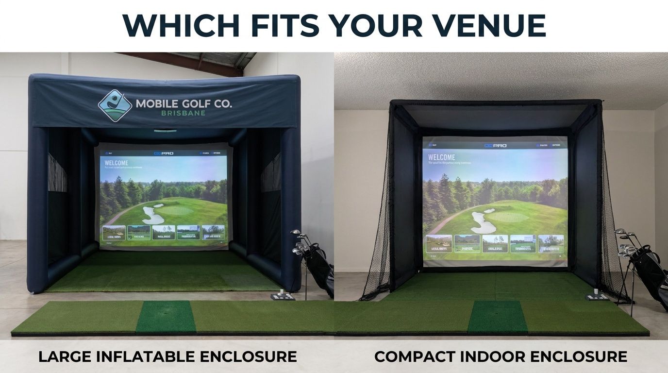 Comparison graphic of two golf simulator enclosures: large inflatable outdoor and compact indoor, with “Which fits your venue” text
