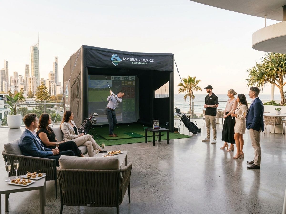 People watching a golf simulator at an outdoor event overlooking a city skyline