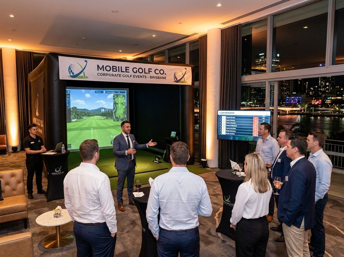 Business presentation at a Mobile Golf Co. event, with attendees watching a speaker on stage.