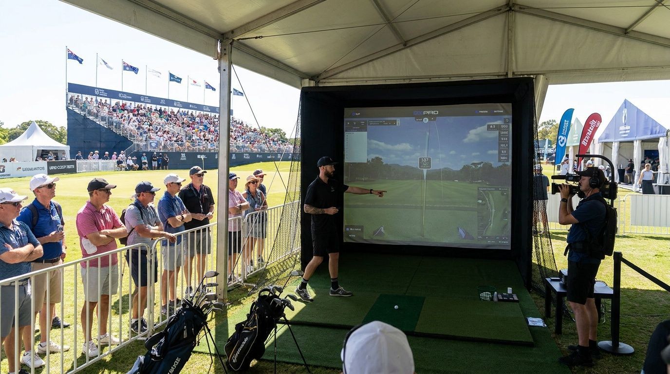 Outdoor golf simulator at PGA Brisbane under a tent, with spectators watching.