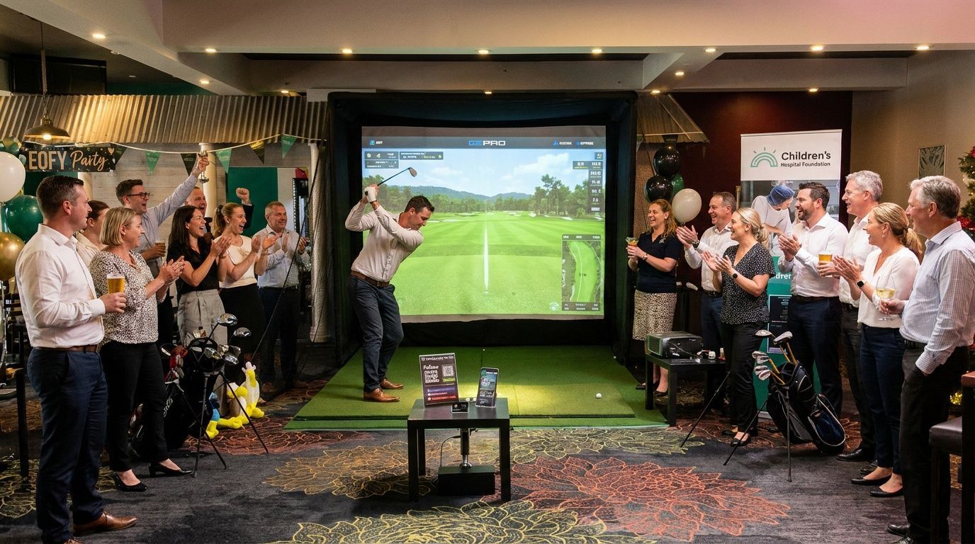 Indoor golf simulator event with a golfer swinging as attendees line both sides and watch