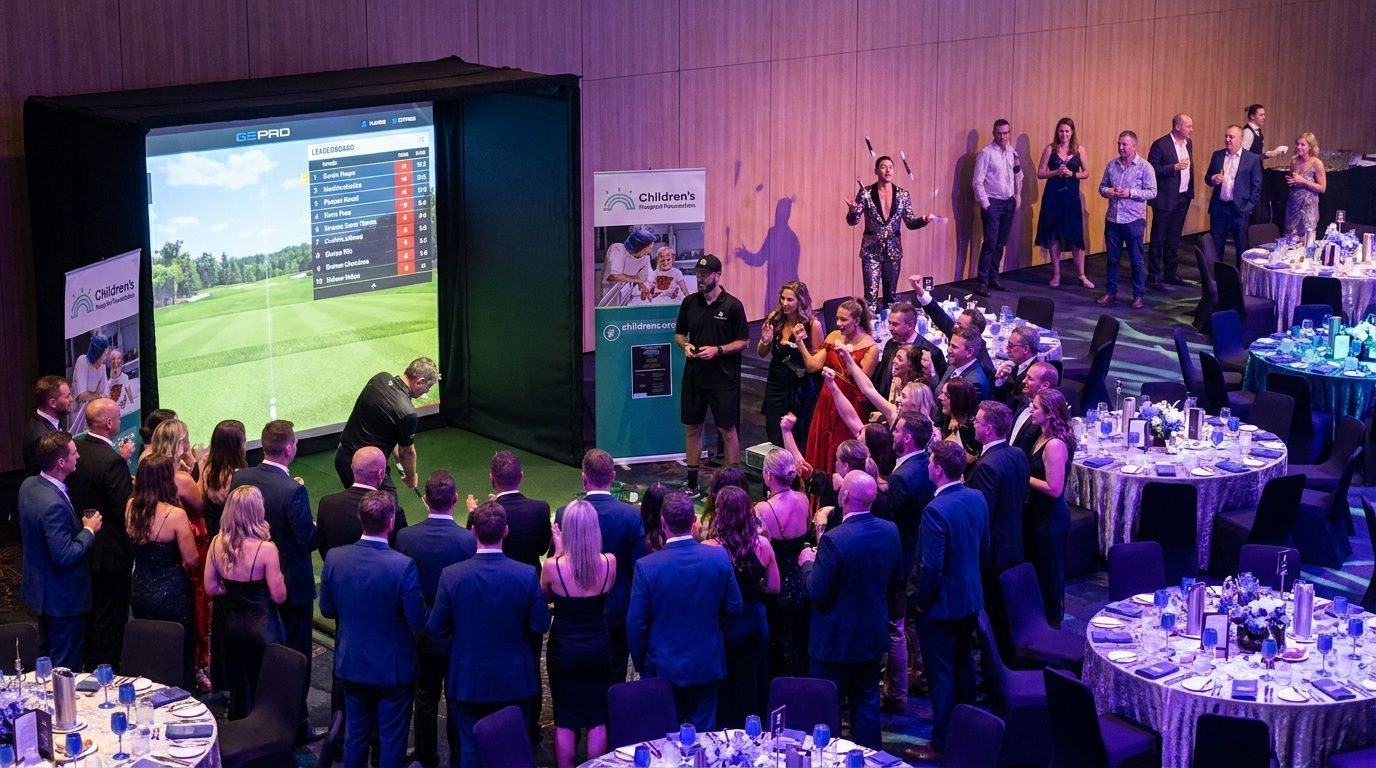 Guests crowd around watching a golf simulator