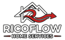 Logo for Ricoflow Home Services with a mountain house outline, a red stylized "R" arrow, and bold black text.