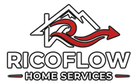 Logo for Ricoflow Home Services with a mountain house outline, a red stylized "R" arrow, and bold black text.