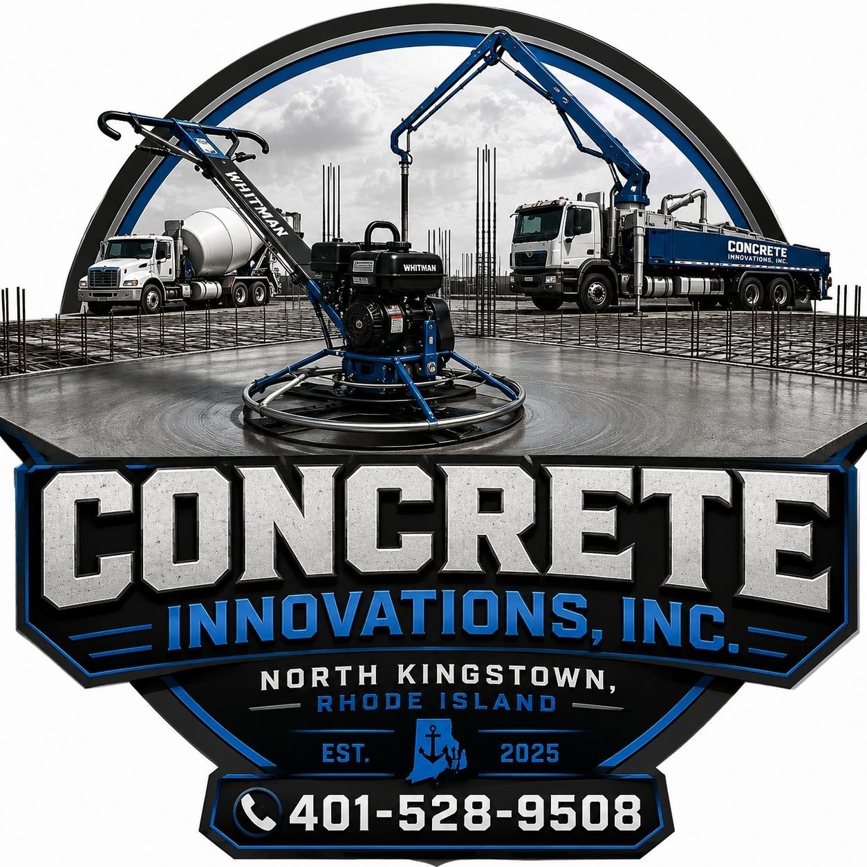 A person in a yellow shirt uses a power trowel with a cement mixer in the background. Logo for Concrete Innovations Inc.
