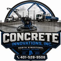 A person in a yellow shirt uses a power trowel with a cement mixer in the background. Logo for Concrete Innovations Inc.