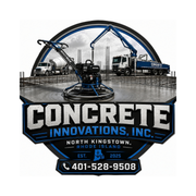A person in a yellow shirt uses a power trowel with a cement mixer in the background. Logo for Concrete Innovations Inc.