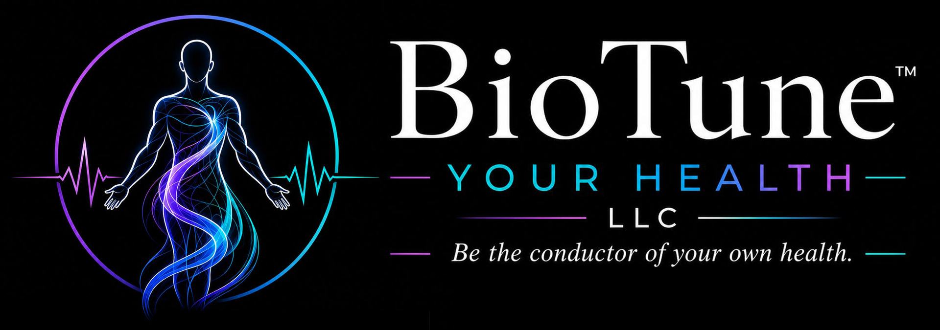 BioTune LLC logo with glowing blue human figure inside a neon circle on a black background, with white and blue text.