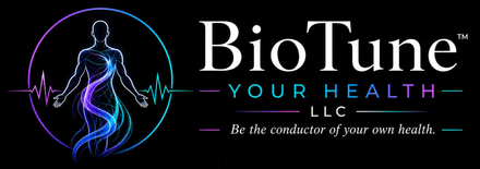 BioTune LLC logo with glowing blue human figure inside a neon circle on a black background, with white and blue text.
