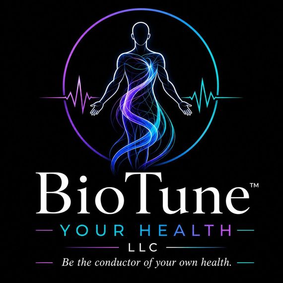 BioTune health logo with glowing human figure, ECG lines, and tagline “Be the conductor of your own health.”