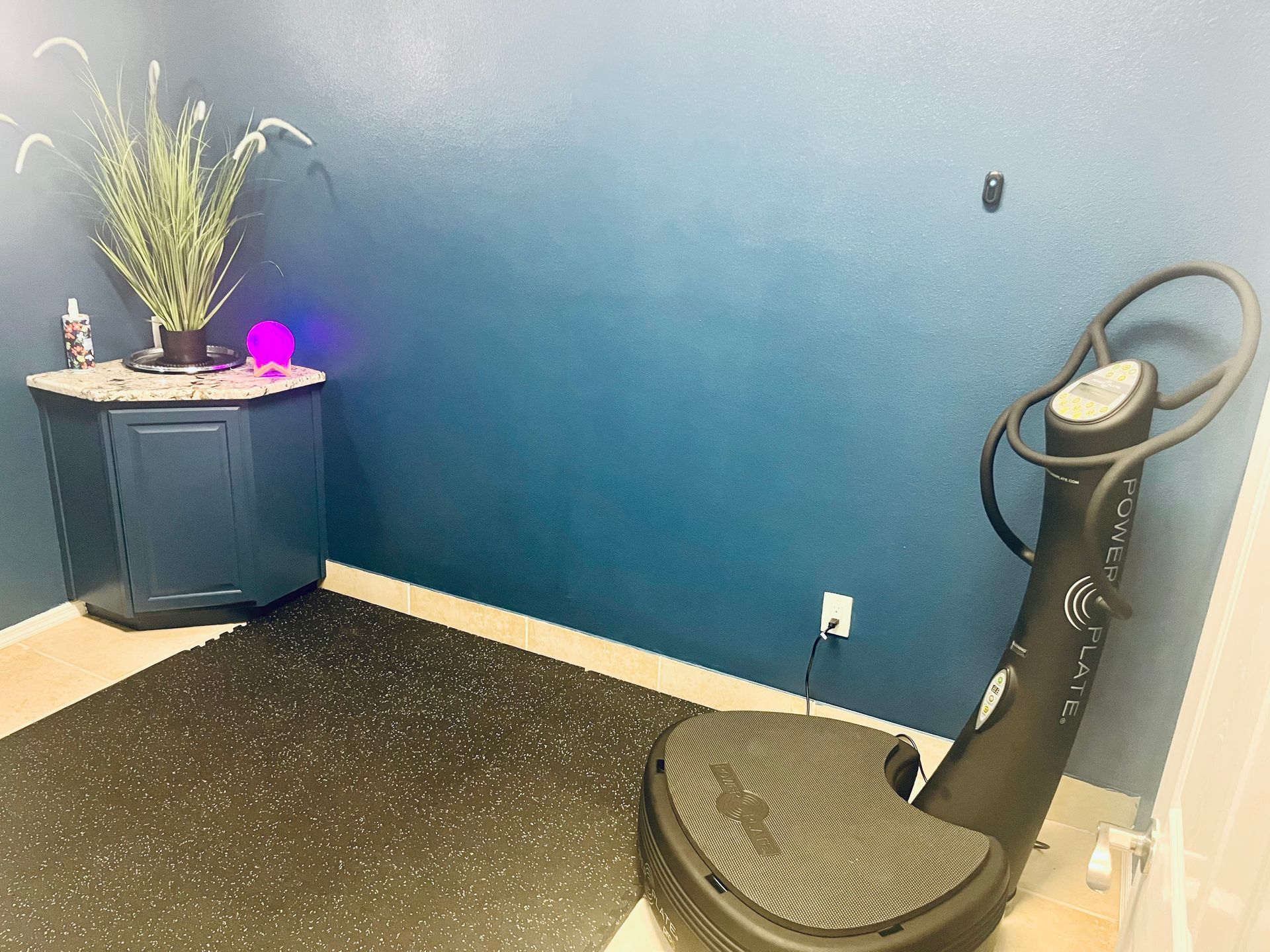 Blue-walled room with a black floor mat, corner plant stand, and a fitness machine