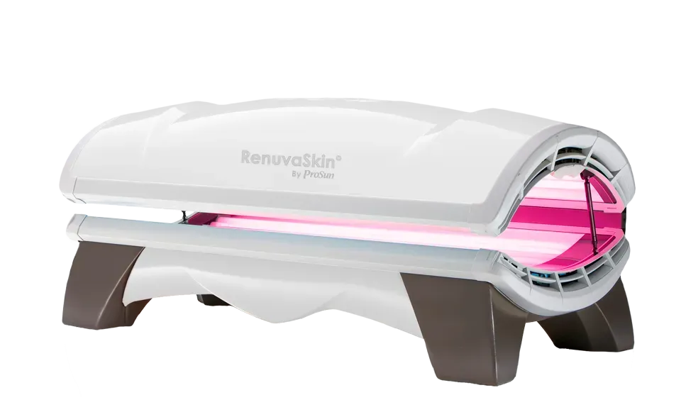 White tanning bed with pink-lit interior and gray legs on a white background