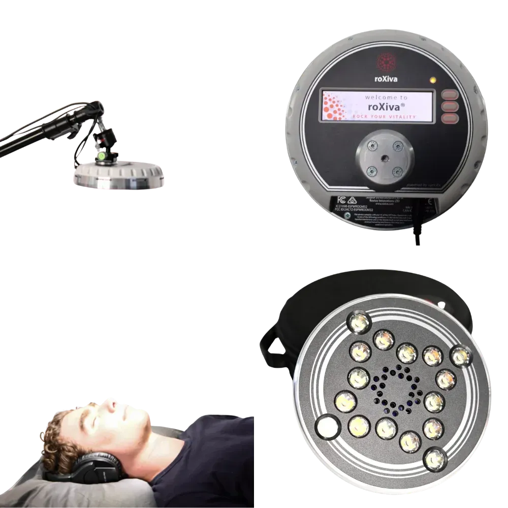 Phototherapy lamp and light therapy panel aimed at a person lying down