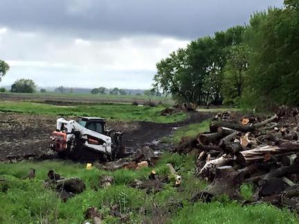 A bulldozer is working in a field next to a pile of logs.