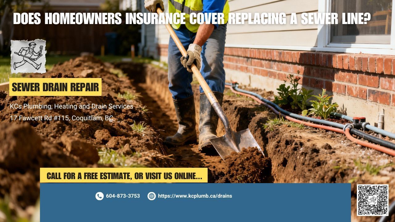 Plumber repairing a sewer line beside a brick house, with text about homeowners insurance coverage.