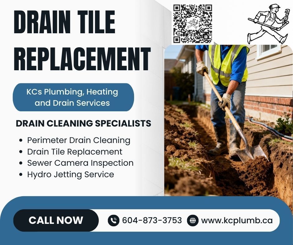 Drain tile replacement ad with plumber digging trench, blue-and-tan branding, and call-now contact info