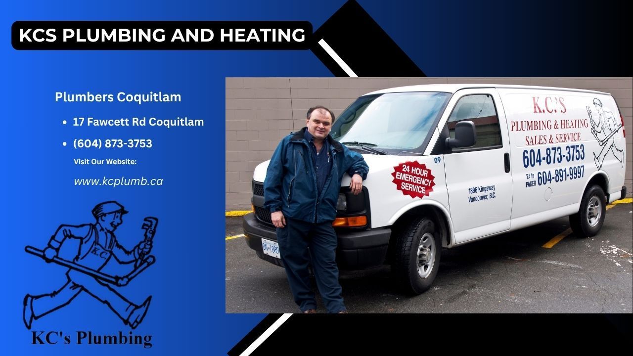 KCS Plumbing and Heating van beside a plumber standing outdoors, with company logo and contact details.