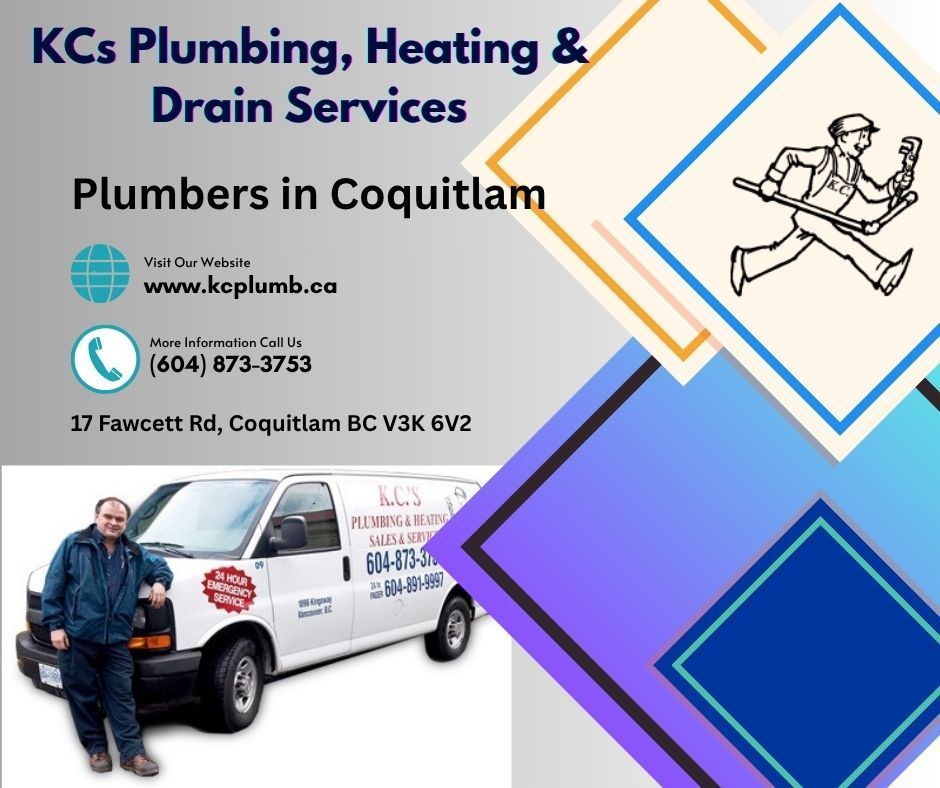 KC's Plumbing, Heating & Drain Services ad with plumber, van, logo, website, phone number, and Coquitlam address