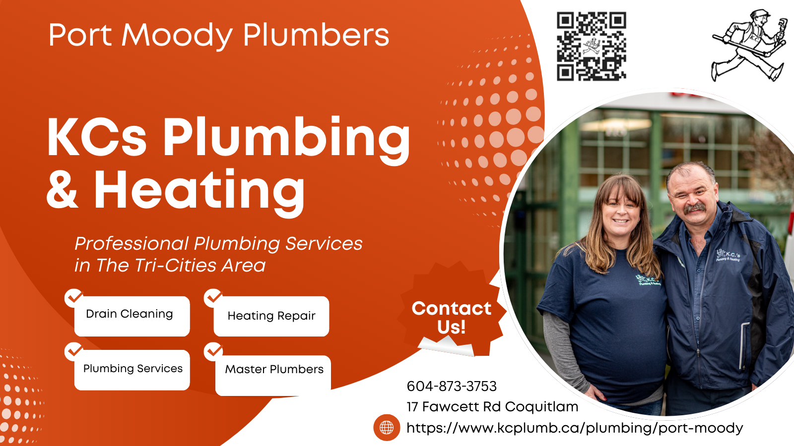 KC’s Plumbing & Heating ad with orange background, services listed, and a smiling couple photo