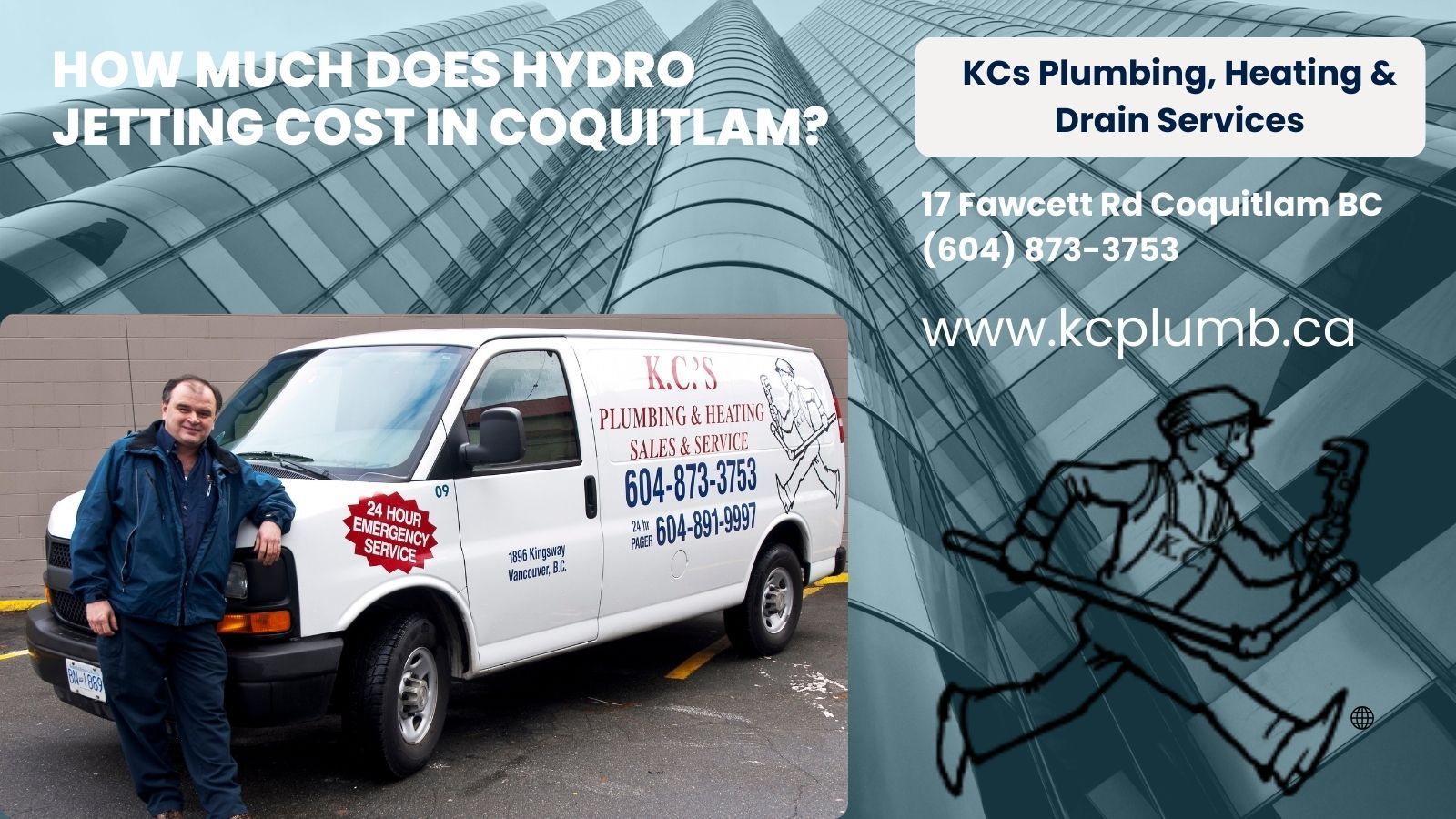 KCP Plumbing ad with white service van, technician, and text about hydro jetting cost in Coquitlam