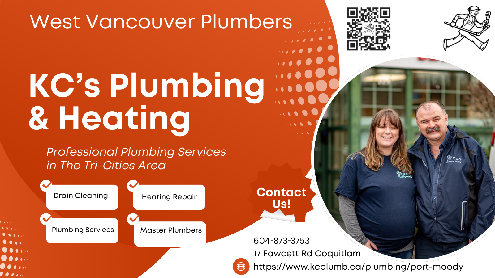 West Vancouver plumbers, KC’s Plumbing & Heating ad with orange background, services listed, and a photo of two staff beside a house exterior