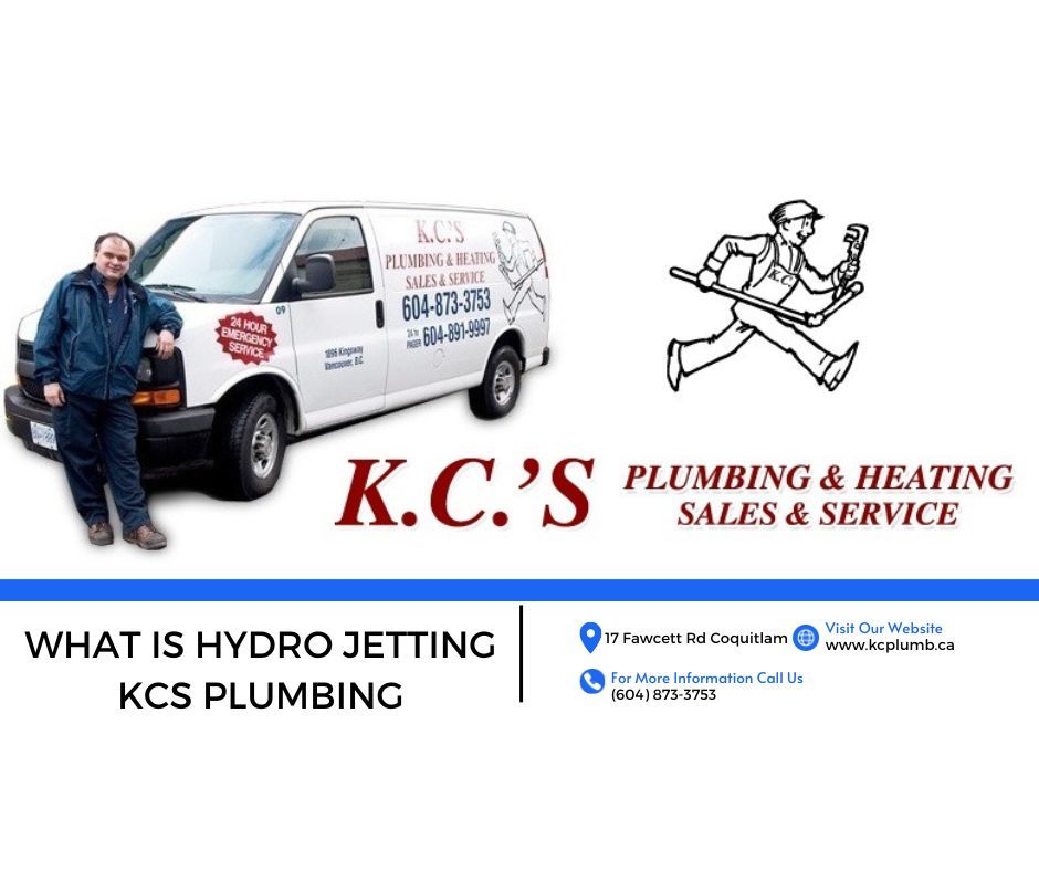 K.C.’s Plumbing & Heating sales/service ad with white van, plumber, and hydro jetting text