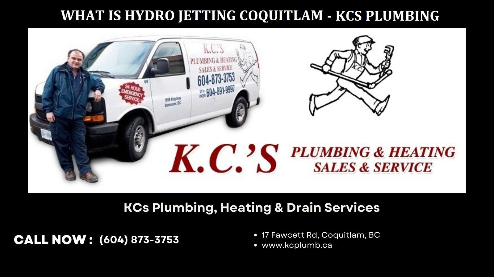 K.C.’s Plumbing & Heating van ad on black background with plumber illustration, logo, and phone number