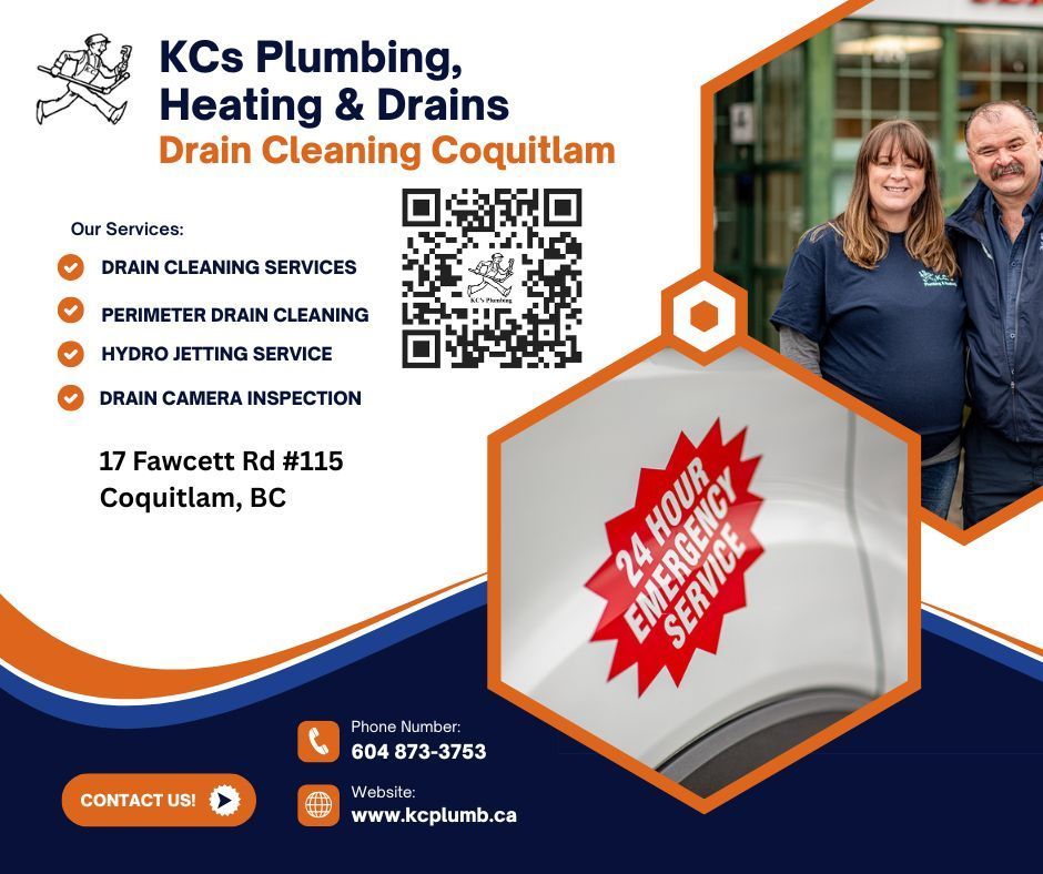 KC's Plumbing, Heating & Drains ad with QR code, services list, and smiling couple photo