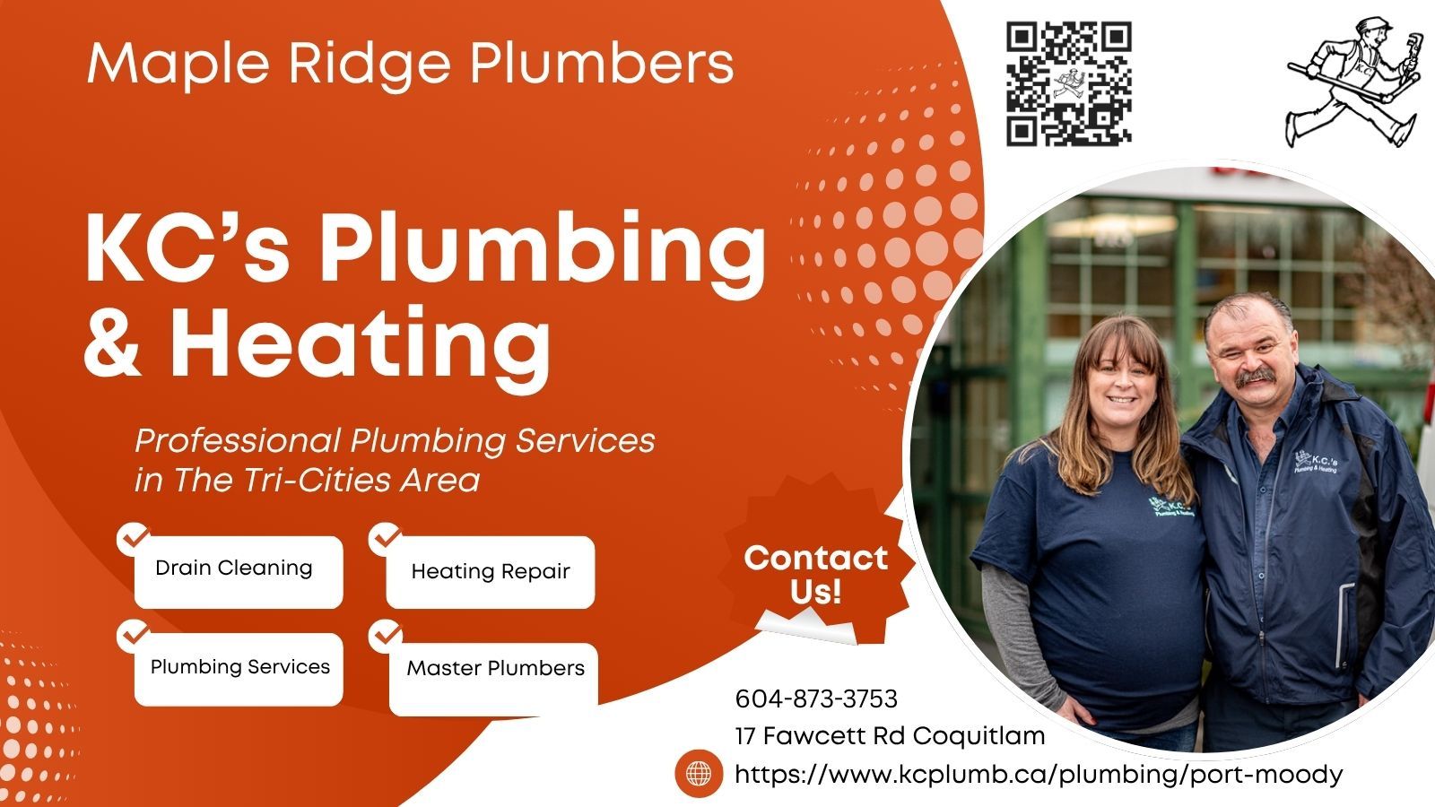 Maple Ridge plumbers, KC’s Plumbing & Heating ad with smiling couple, orange background, and contact details