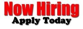 Red and black “Now Hiring” sign with “Apply Today” text on a white background