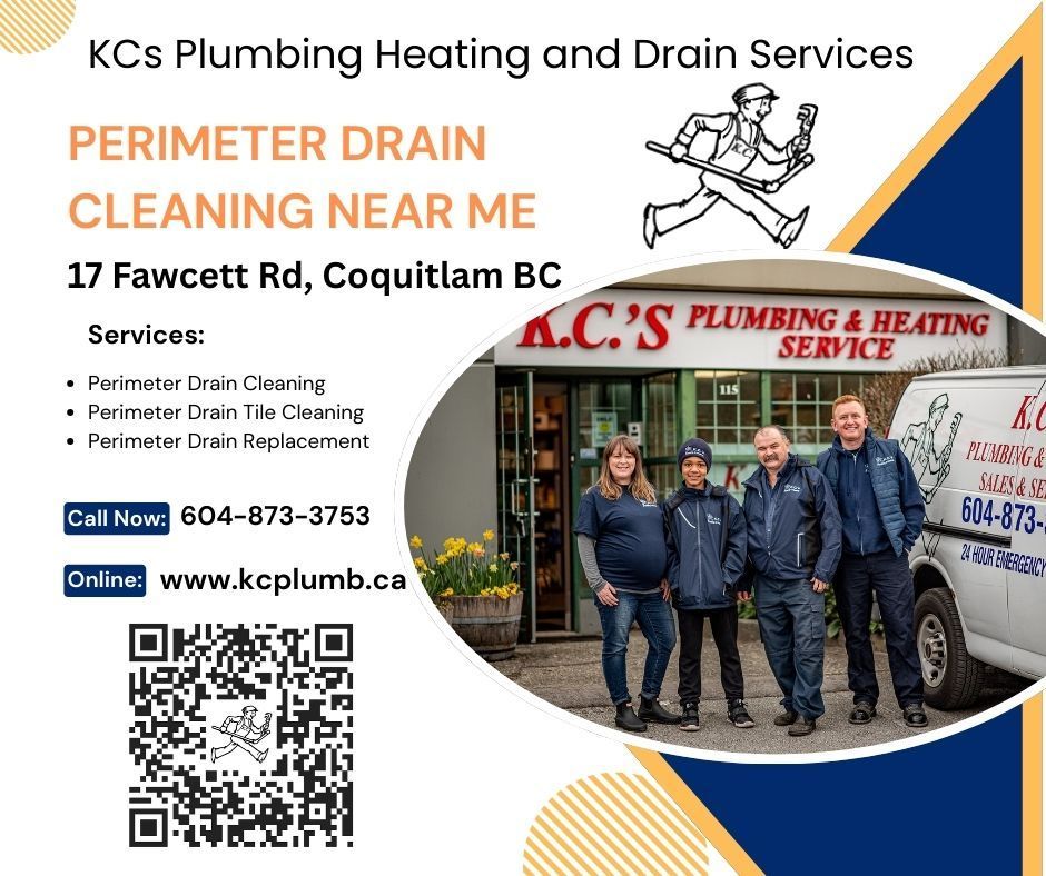 K.C.'s Plumbing ad for perimeter drain cleaning, with team photo, orange and blue design, and QR code