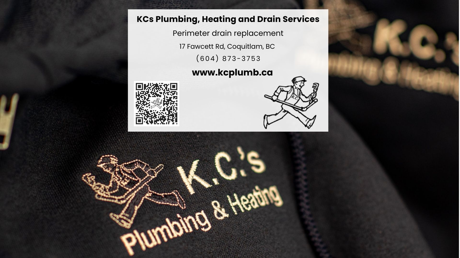 K.C.’s Plumbing & Heating logo on black fabric with a small business card overlay