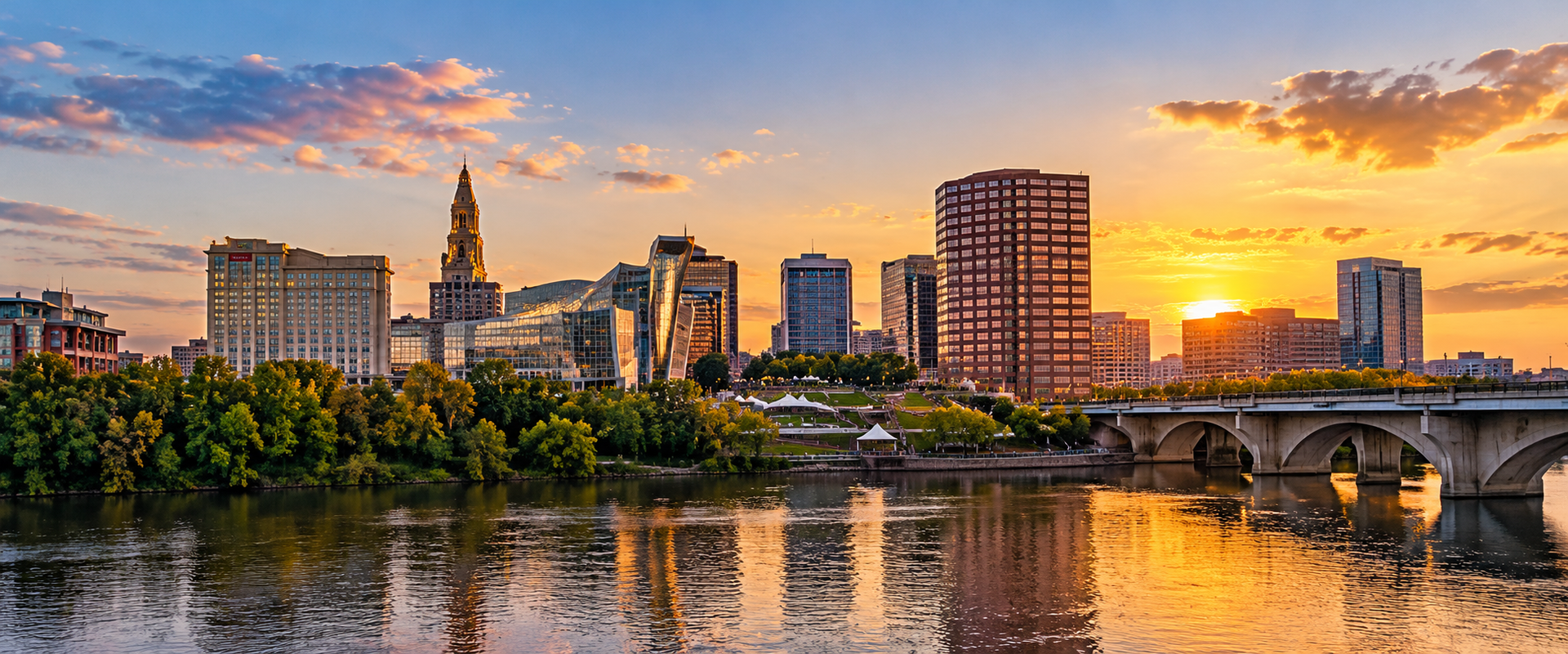 The Hartford skyline and the Connecticut River at sunset