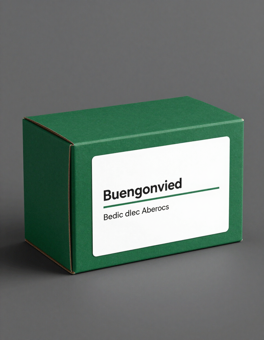 Caja de cartón verde con una etiqueta blanca que dice “Buengonvied” sobre una superficie gris.