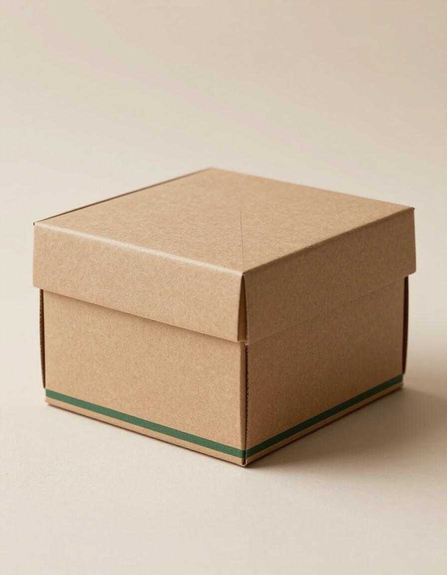Caja de cartón color canela con tapa, sobre un fondo beige liso.