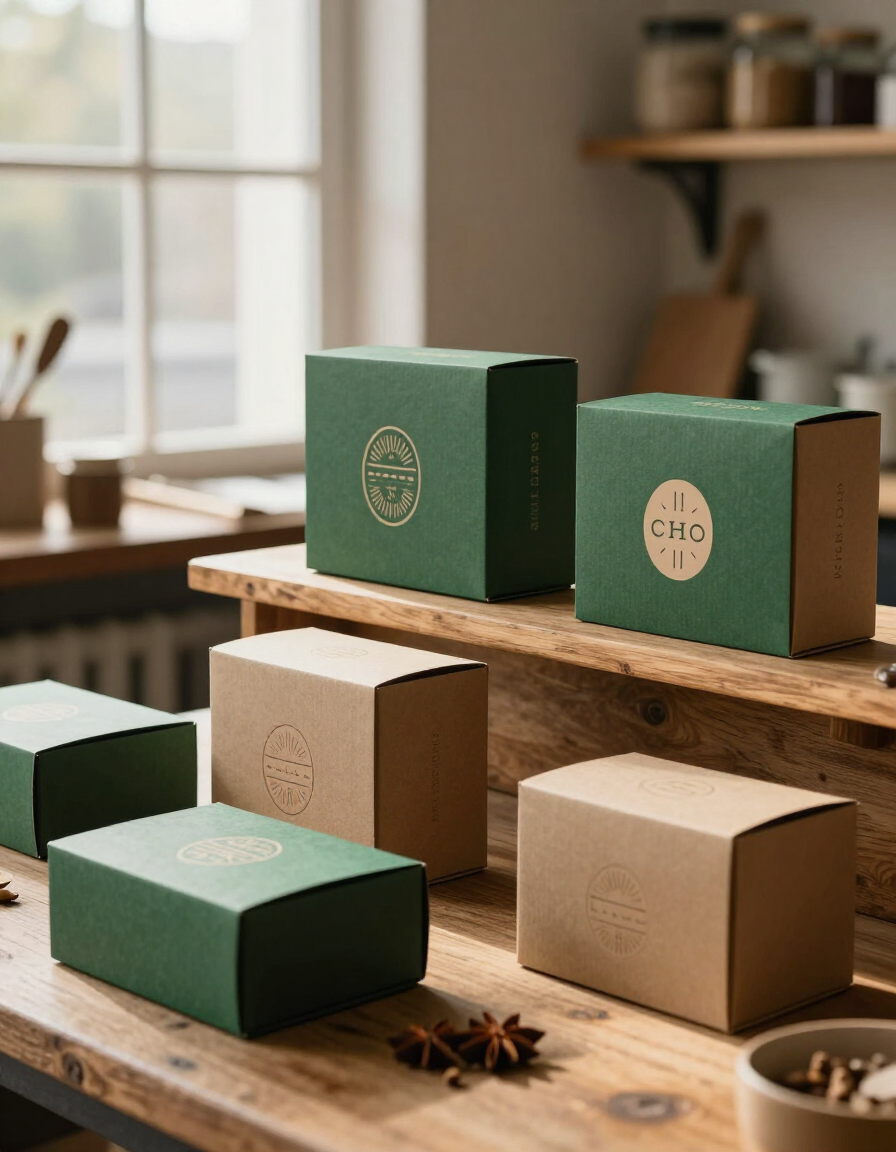 Cajas de regalo verdes y de papel kraft sobre una mesa de madera en una habitación acogedora y soleada.