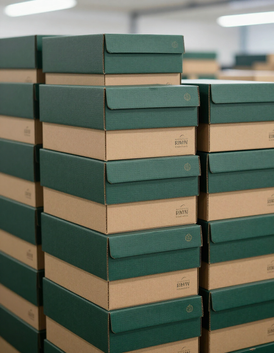 Montones de cajas de libros verdes y beige apiladas en un almacén o biblioteca.