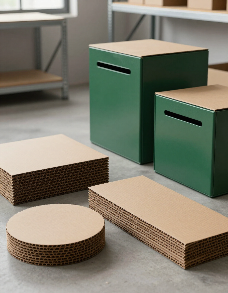 Cajas y bandejas de almacenamiento verdes y beige dispuestas sobre una mesa en una habitación moderna.