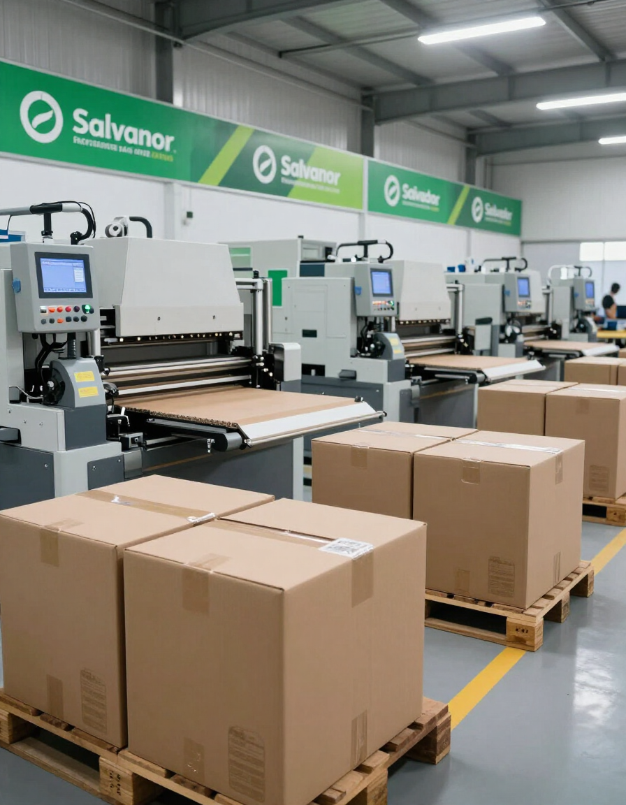 Línea de embalaje industrial con cajas de cartón sobre palés y cintas transportadoras en un almacén de fábrica limpio.
