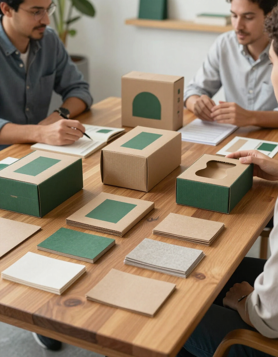 Personas alrededor de una mesa con prototipos de envases verdes y marrones y muestras de materiales.