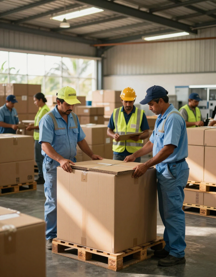 Trabajadores de almacén con uniformes azules y cascos de seguridad moviendo una caja grande sobre un palé.