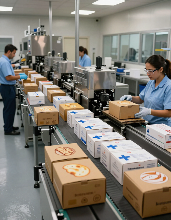 Trabajadores empaquetando cajas de cartón en una línea de transporte automatizada de una fábrica.