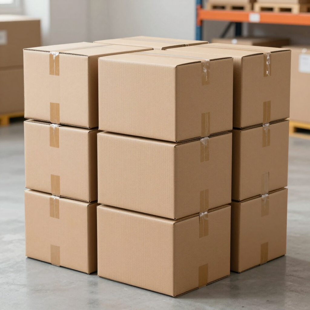Cajas de cartón apiladas en un almacén o zona de almacenamiento.