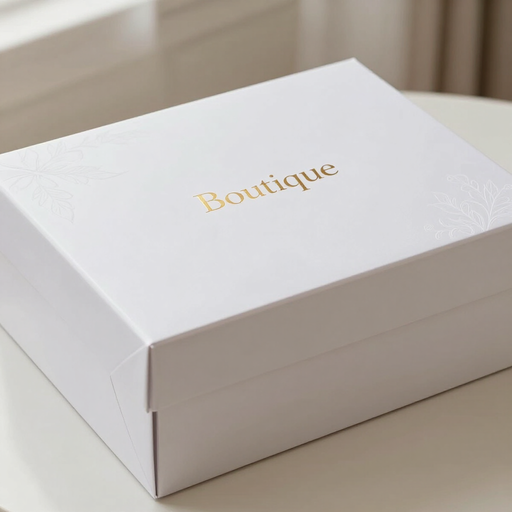 Caja de regalo blanca de Bboutique con letras doradas sobre una superficie beige.