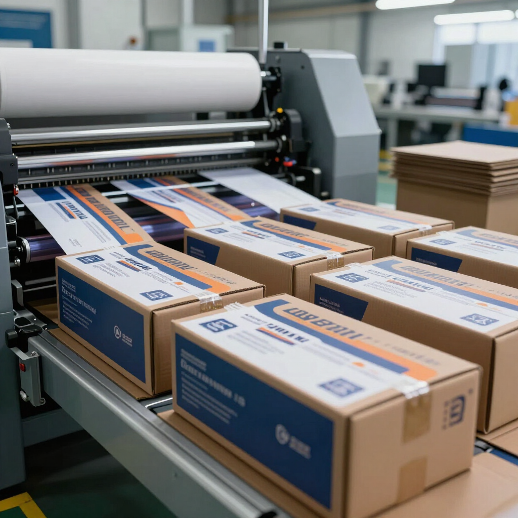 Cajas en una cinta transportadora en una fábrica de embalaje, con una gran máquina industrial al fondo.