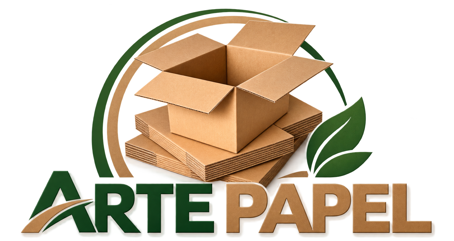 Logotipo de ARTEPAPEL con cajas de cartón apiladas y una hoja verde, en tonos marrones y verdes.