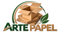 Logotipo de ARTEPAPEL con cajas de cartón apiladas y una hoja verde, en tonos marrones y verdes.