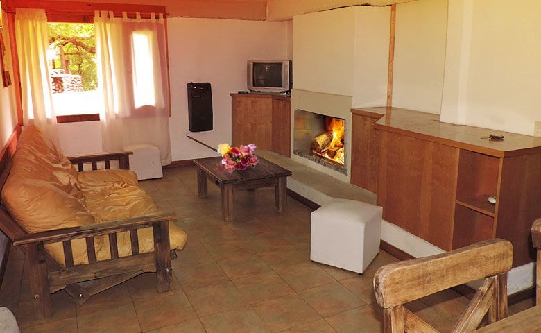 Acogedora sala de estar con chimenea, sofá, mesa de centro y cálidos paneles de madera.