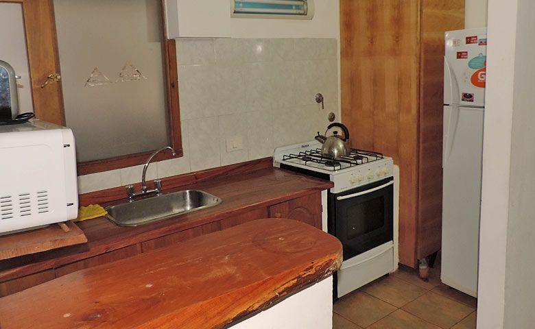 Cocina pequeña con encimeras de madera, fregadero, fogones y un frigorífico junto a la puerta.