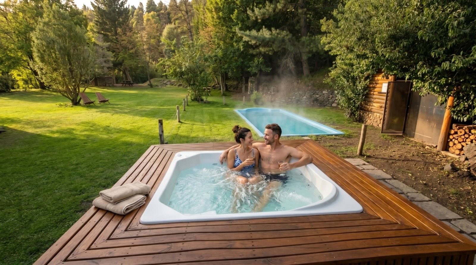 Dos personas se relajan en un jacuzzi de madera en una terraza, con un jardín trasero verde y brumoso detrás de ellas.